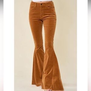 Corduroy Flare Pants with Distressed Hem - Camel